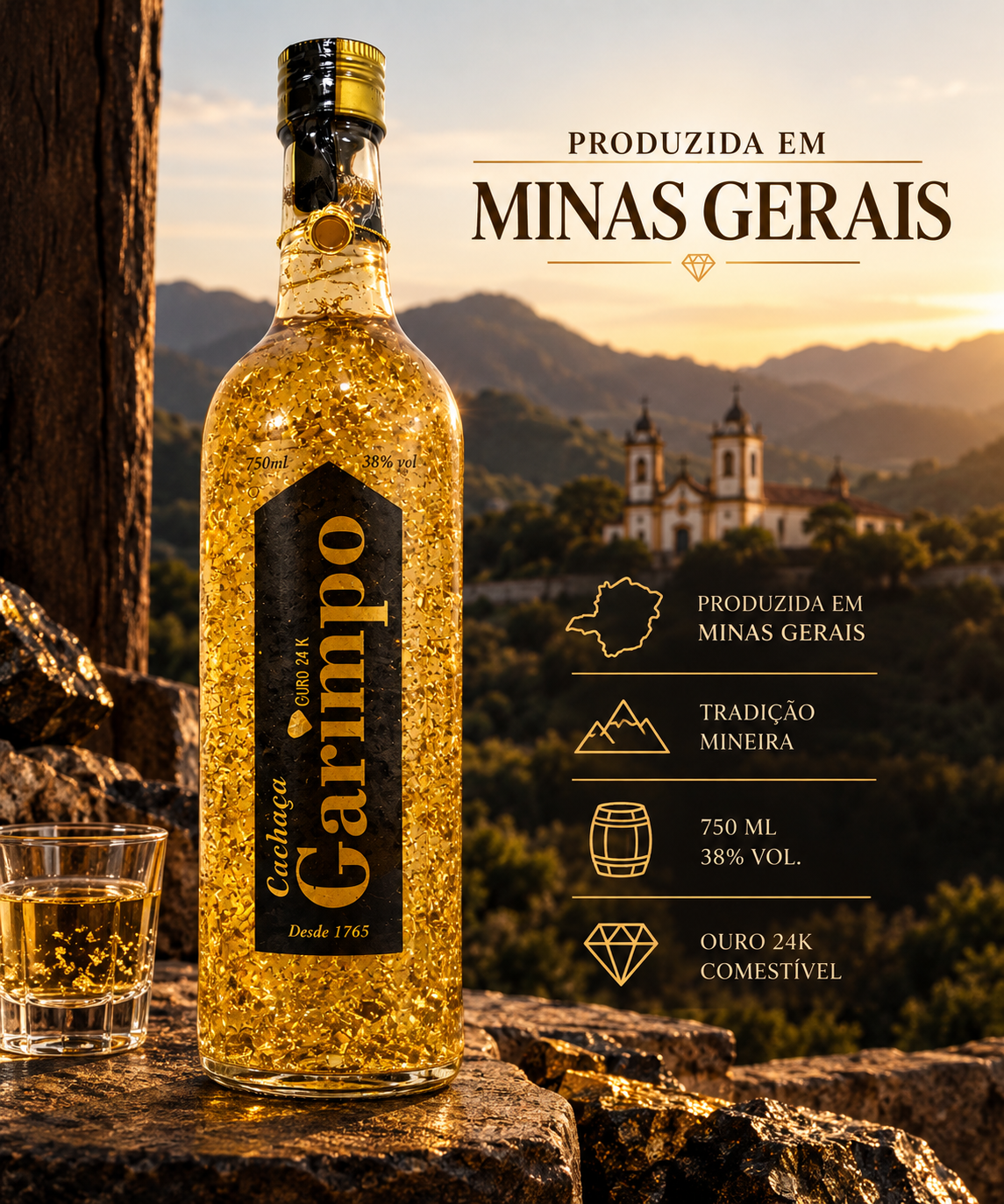 Cachaça Garimpo Com Flocos De Ouro 24k Premium