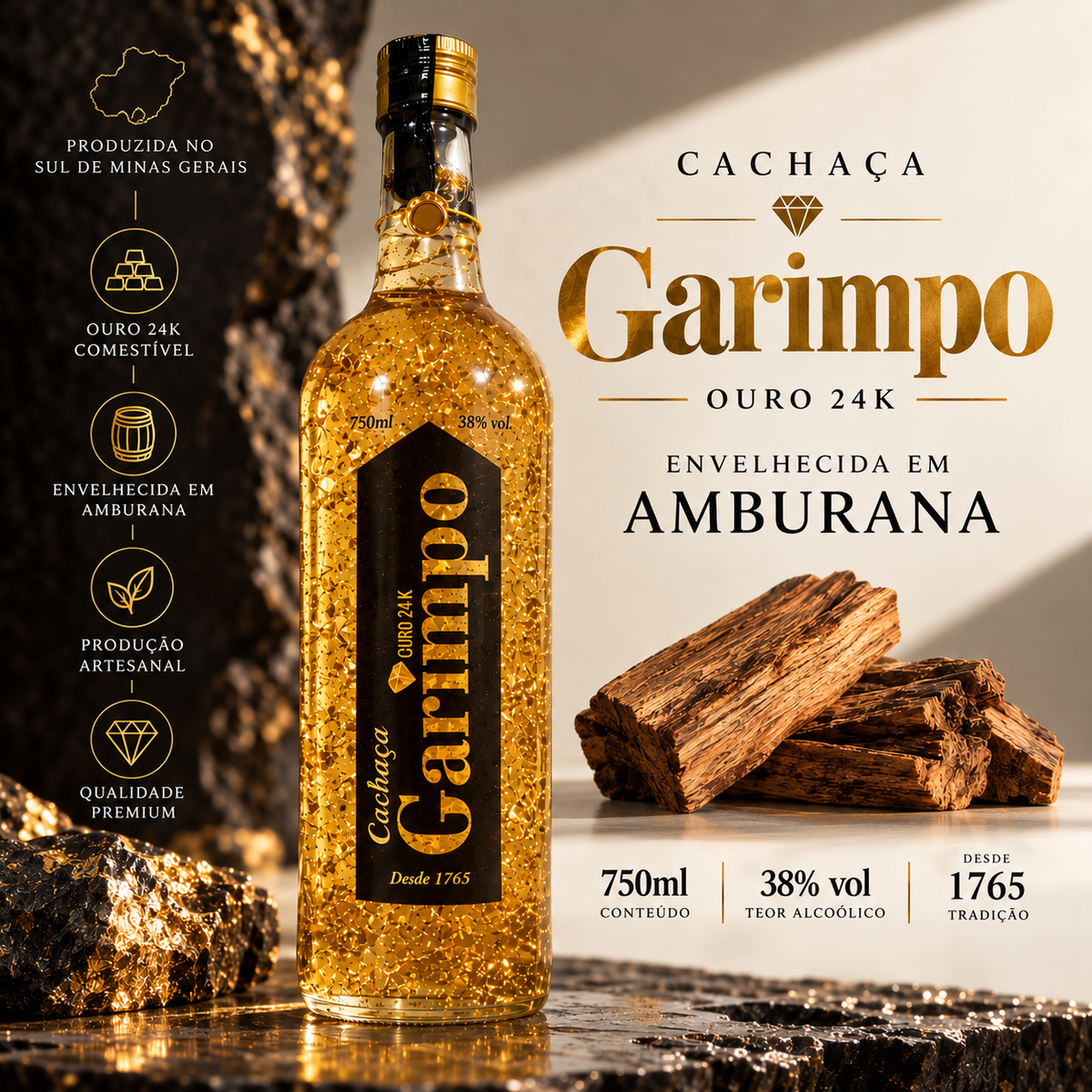 Cachaça Garimpo Com Flocos De Ouro 24k Premium